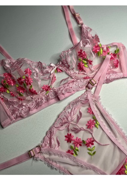 Balenli Tül Dantel Işlemeli Renkli Çiçekli Pembe Sütyen Bralet Takım - Kadın İç Giyim fırsatları
