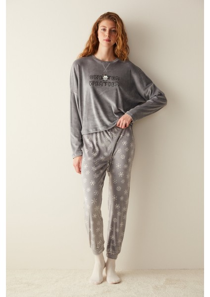 Penguen Baskılı Fuzzy Sweatshirt Gri Pijama Üstü