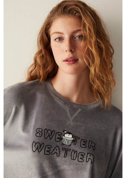 Penguen Baskılı Fuzzy Sweatshirt Gri Pijama Üstü