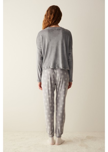 Penguen Baskılı Fuzzy Sweatshirt Gri Pijama Üstü