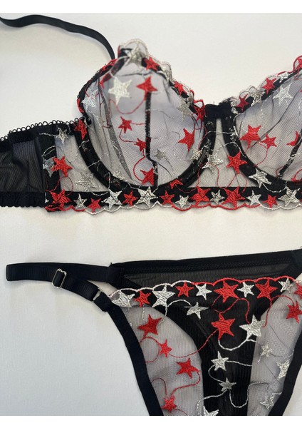 Balenli Tül Dantel Işlemeli Yıldız Desenli Siyah Sütyen Bralet Takım - Kadın İç Giyim modelleri