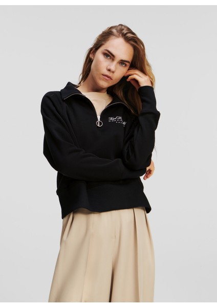 Dik Yaka Düz Siyah Kadın Sweatshırt 235W1809