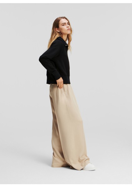Dik Yaka Düz Siyah Kadın Sweatshırt 235W1809