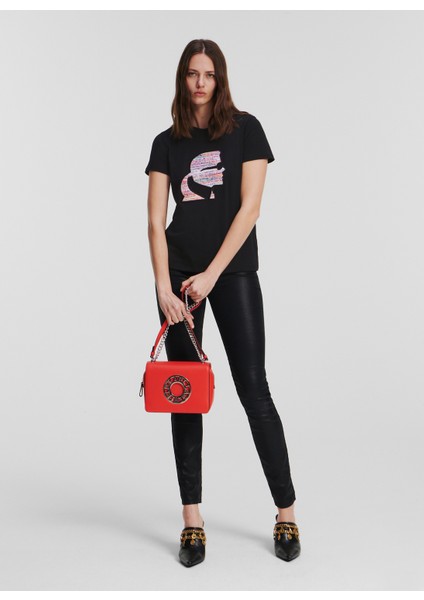 Bisiklet Yaka Baskılı Siyah Kadın T-Shirt 235W1707