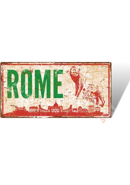 Dekoratif Pas Görünümlü Alüminyum Şehir Tabelası, Roma Şehir Silüeti Ve Sembolü Dişi Kurt, 10 cm x 20 cm