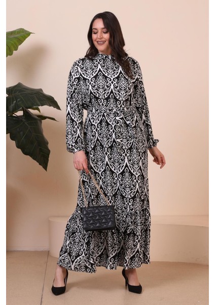 Kadin Hakim Yaka Buyuk Beden Elbise Tesettur Viskon Kumas Pileli ve Piliseli Elbise modelleri