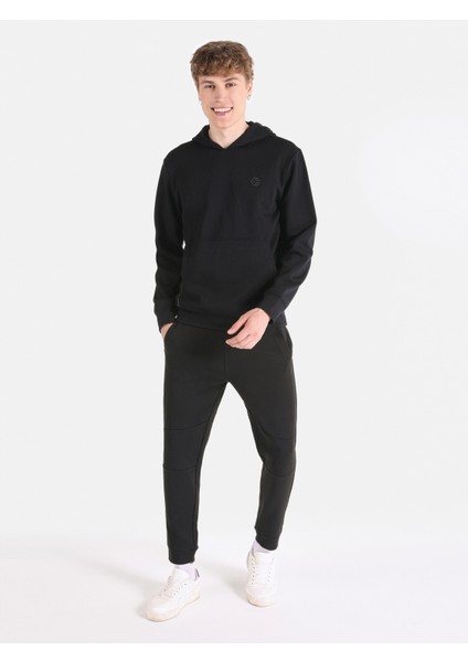 Regular Fit Baskılı Kapüşonlu Siyah Erkek Sweatshirt
