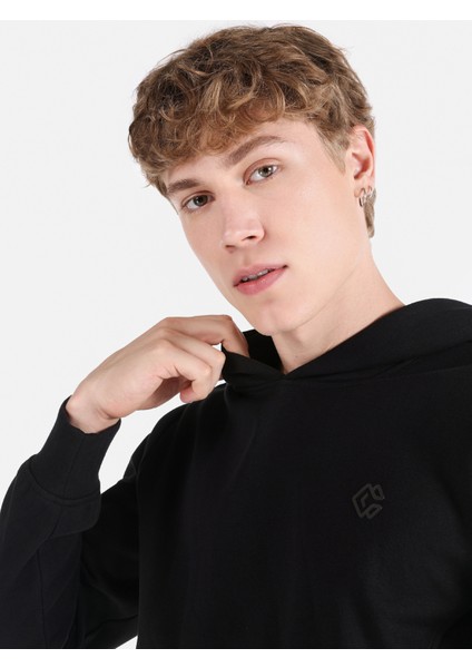 Regular Fit Baskılı Kapüşonlu Siyah Erkek Sweatshirt