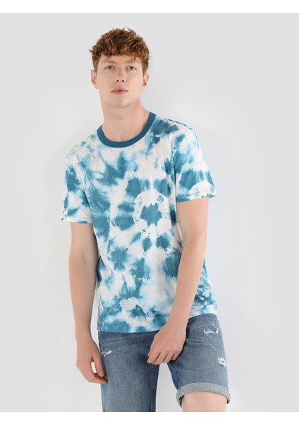 Regular Fit Yuvarlak Yaka Batik Erkek Mavi Kısa Kol Tişört modelleri
