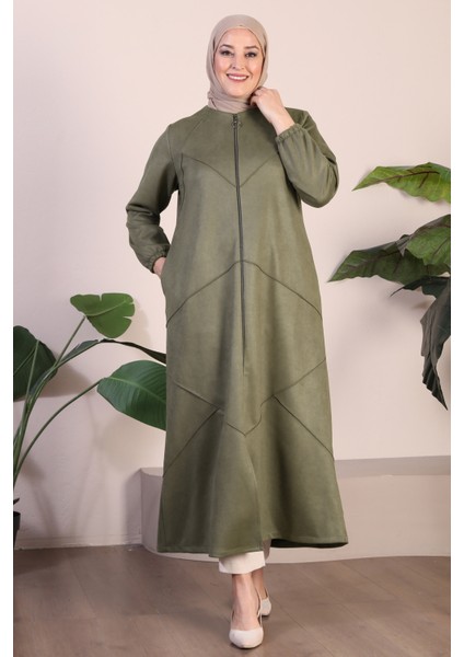 Kadin Buyuk Beden Tesettur Süet Pardesü Tam Boy Baklava Desenli Uzun Tesettur Süet Pardesu