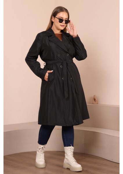 Kadın Büyük Beden Kemerli Uzun Trençkot Nefes Alan Kumaş 112 cm Uzunluk fırsatları