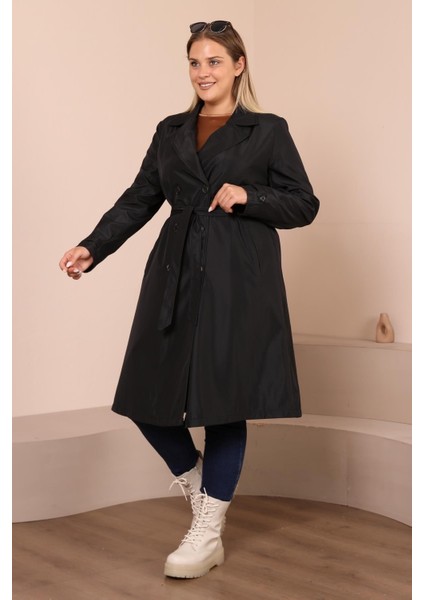 Kadın Büyük Beden Kemerli Uzun Trençkot Nefes Alan Kumaş 112 cm Boyunda Siyah