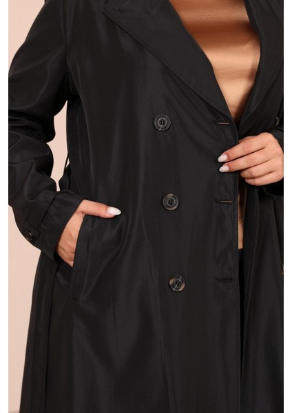 Kadın Büyük Beden Kemerli Uzun Trençkot Nefes Alan Kumaş 112 cm Boyunda Siyah fiyatları
