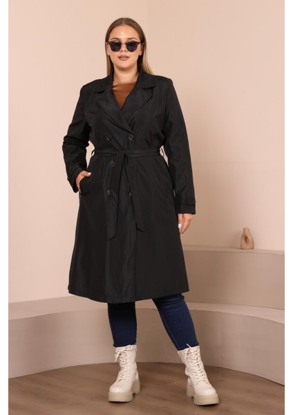Kadın Büyük Beden Kemerli Uzun Trençkot Nefes Alan Kumaş 112 cm Boyunda Siyah modelleri