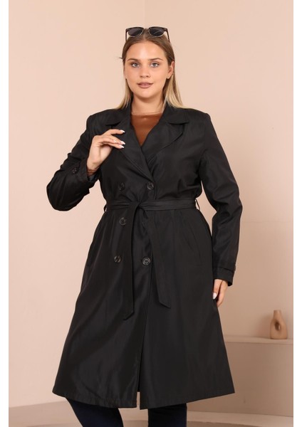 Kadın Büyük Beden Kemerli Uzun Trençkot Nefes Alan Kumaş 112 cm Boyunda Siyah indirimleri