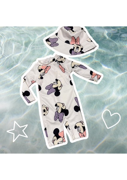 Çocuk Mayo Yarım Vücut Güneş Koruma Hassas Ten Sevimli Mickey Baskı Desen Mayo Şapka Hediyeli