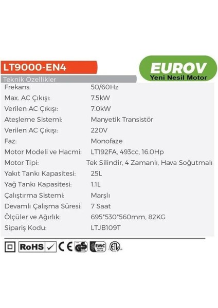 LT9000 Benzinli Jeneratör 7,5 Kw Marşlı