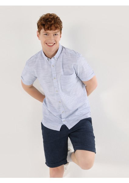 Slim Fit Shirt Neck Düz Erkek Mavi Kısa Kol Gömlek