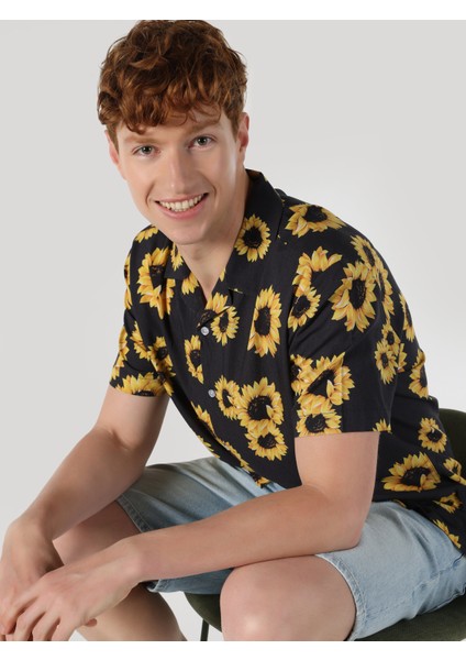 Regular Fit Shirt Neck Baskılı Erkek Antrasit Kısa Kol Gömlek modelleri