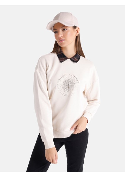 Regular Fit Bisiklet Yaka Baskılı Gri Kadın Sweatshirt