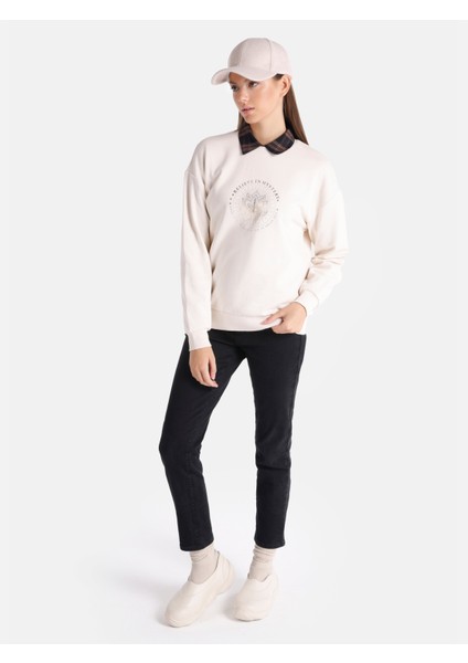 Regular Fit Bisiklet Yaka Baskılı Gri Kadın Sweatshirt