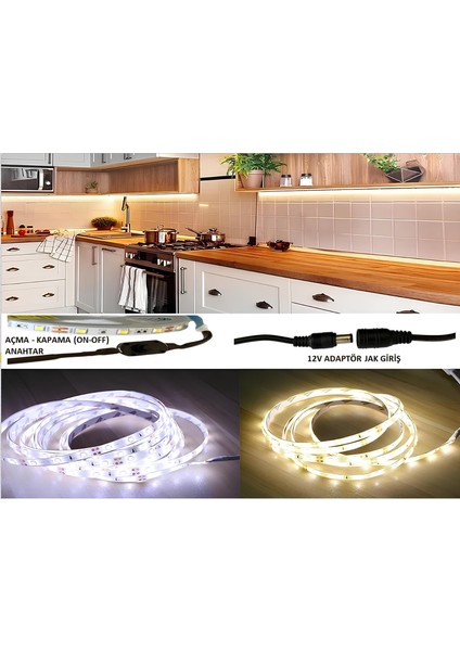 Mutfak Tezgah Üstü (Dekoratif) 2 Metre Beyaz Şerit LED 12V Adaptör Aç Kapa (On-Off) Anahtarlı