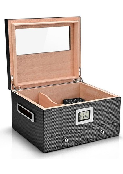 Sedir Ağacı Camlı Karbon Fiber Çekmeceli Humidor Puro Kutusu RD13 fiyatları