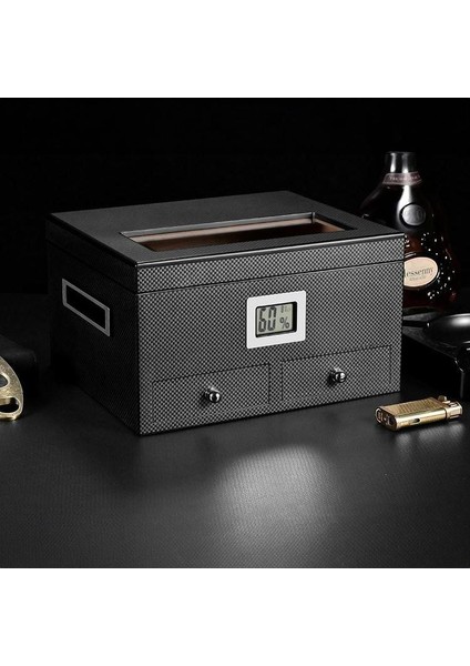 Sedir Ağacı Camlı Karbon Fiber Çekmeceli Humidor Puro Kutusu RD13 fırsatları