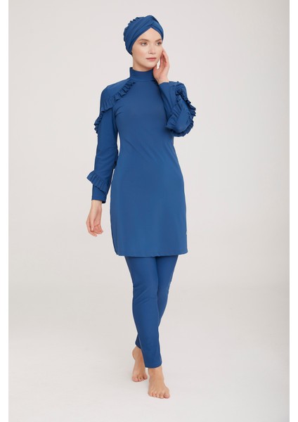 Fırfır Tasarım Likralı Tam Kapalı Tesettür Mayo Mırına 4104 Petrol modelleri