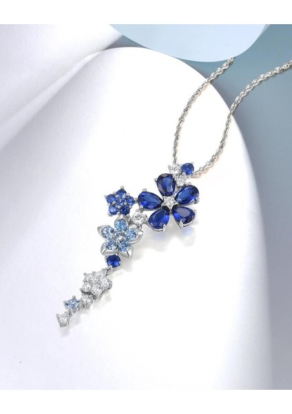 Safir Taşlı Pırlanta Model Çiçek Demeti Kadın Gümüş Kolye modelleri