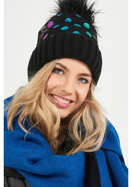 Puantiye Baskılı Kadın Bere Siyah - PS1360