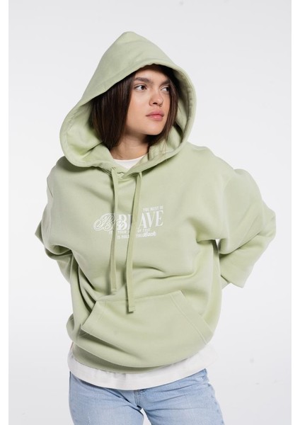 Friday Offset Candela Kadın Açık Yeşil Kanguru Cepli Kapüşonlu Ekstra Oversize Sweatshirt Hoodie  -Şardonlu