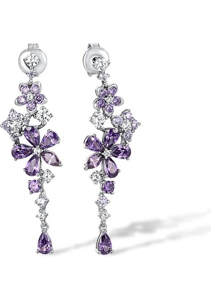 Ametist Taşlı Pırlanta Model Çiçek Demeti Sallantılı Kadın Gümüş Küpe
