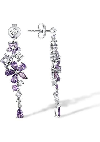 Ametist Taşlı Pırlanta Model Çiçek Demeti Sallantılı Kadın Gümüş Küpe fiyatları