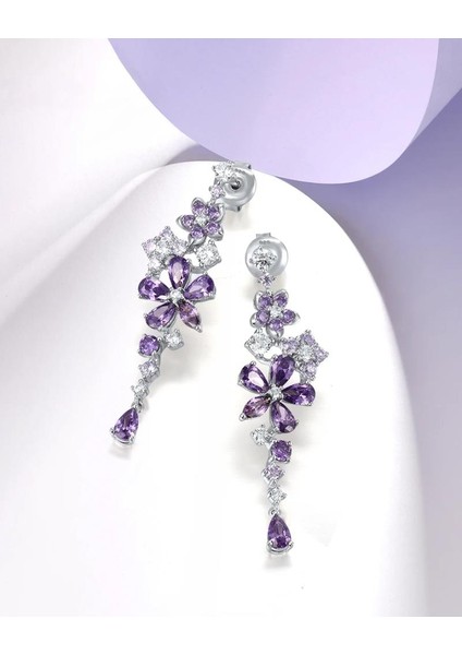 Ametist Taşlı Pırlanta Model Çiçek Demeti Sallantılı Kadın Gümüş Küpe modelleri