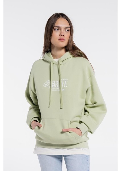 Friday Offset Candela Kadın Açık Yeşil Kanguru Cepli Kapüşonlu Ekstra Oversize Sweatshirt Hoodie  -Şardonlu