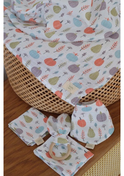 Tosbiq Baby Bebek Battaniyesi BASIC SET 110x110cm Balkabağı Desen Müslin Yumuşak Kundak Örtüsü Sertifikalı