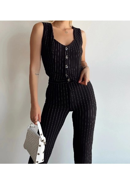 Kadın Düğmeli Çizgili Yelek