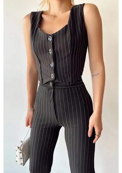 Kadın Düğmeli Çizgili Yelek modelleri