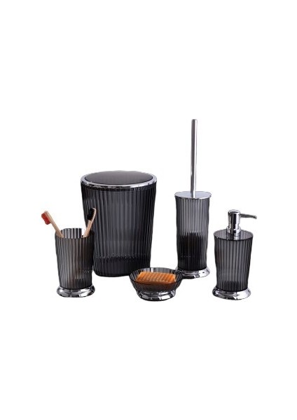 5 Parçalı Lüks Banyo Seti Şeffaf Siyah - Krom - 6 Lt Çöp Kovalı