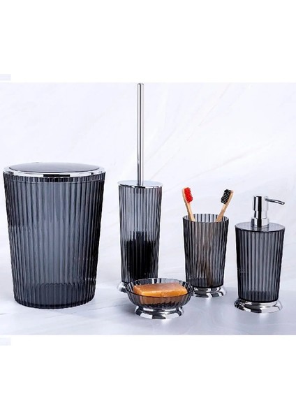 5 Parçalı Lüks Banyo Seti Şeffaf Siyah - Krom - 6 Lt Çöp Kovalı