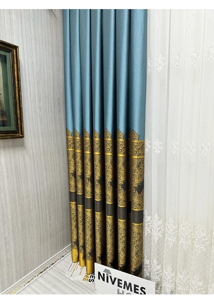 Nivemeshome Gönen Turkuaz-Gold 671539 1/3 Sık Pileli Fon Perde Apm