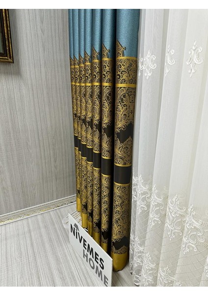 Nivemeshome Gönen Turkuaz-Gold 671539 1/3 Sık Pileli Fon Perde Apm indirimleri