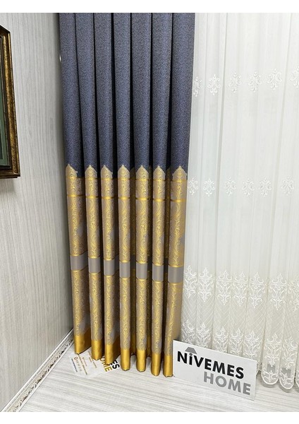 Nivemeshome Gönen Antrasit-Gold 671539 1/3 Sık Pileli Fon Perde Apm