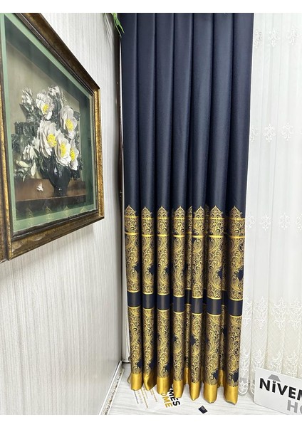 Nivemeshome Gönen Lacivert-Gold 671539 1/3 Sık Pileli Fon Perde Apm