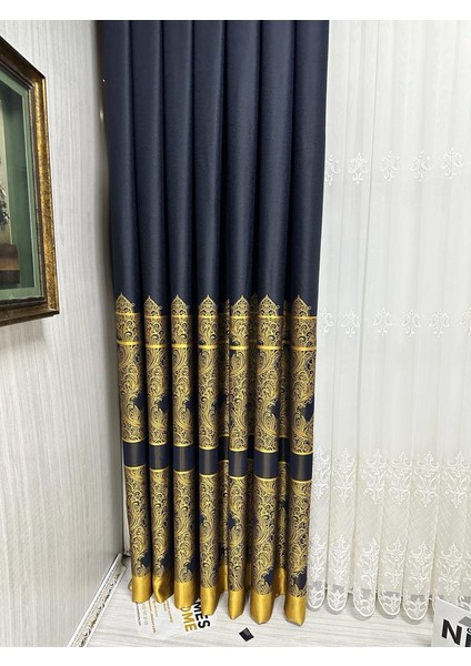 Nivemeshome Gönen Lacivert-Gold 671539 1/3 Sık Pileli Fon Perde Apm fırsatları