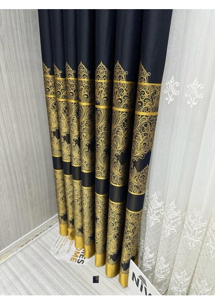 Nivemeshome Gönen Lacivert-Gold 671539 1/3 Sık Pileli Fon Perde Apm indirimleri