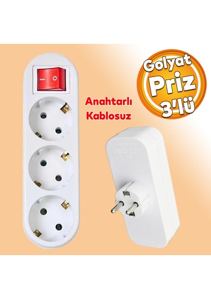 Golyat Anahtarlı Düğmeli 3'lü Grup Priz Fiş Priz Topraklı Çoklu Çoğaltıcı Kablosuz