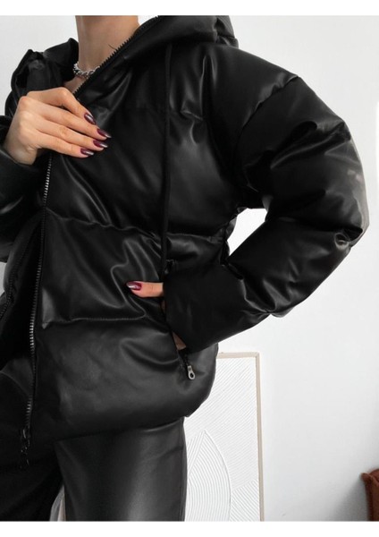 Kadın Kapüşonlu Şişme Deri Mont modelleri