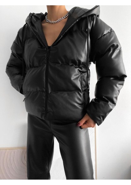 Kadın Kapüşonlu Şişme Deri Mont fırsatları